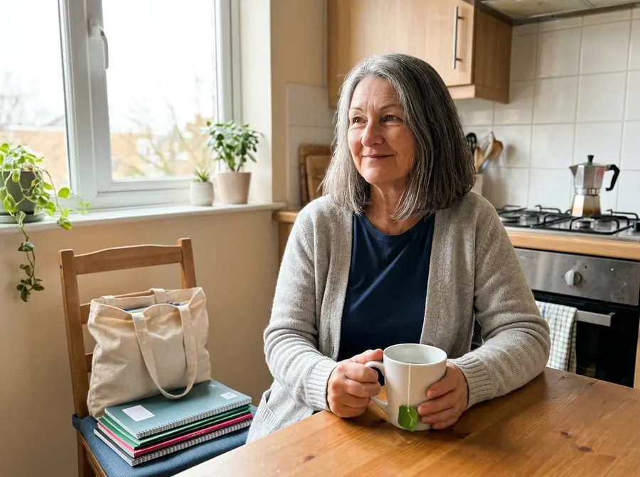 Anna in cucina al mattino con la sua tazza, prima di andare a scuola