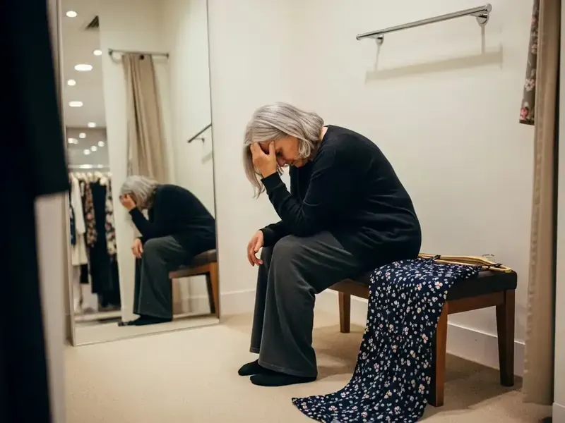 Una donna con i capelli grigi seduta in un camerino