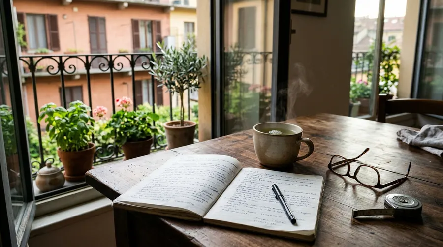 Un quaderno aperto con appunti e una tazza di tè verde al mattino