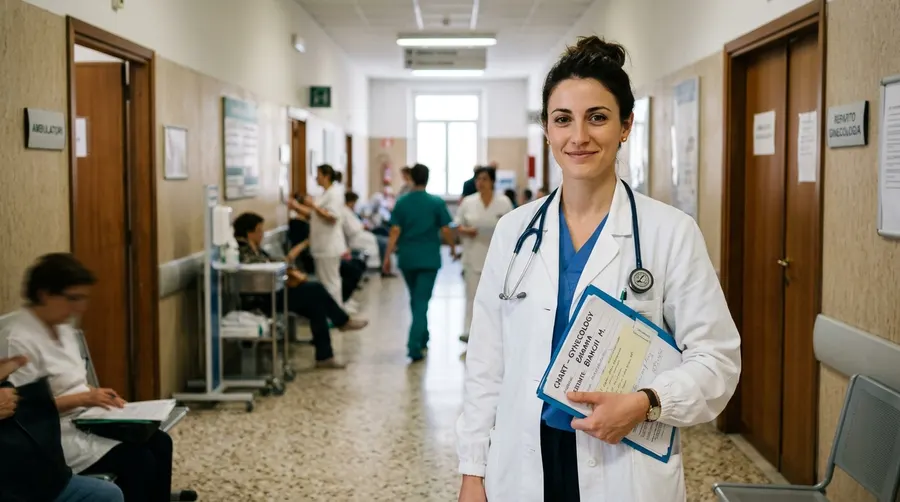 Una giovane ginecologa in camice bianco nel corridoio di un ospedale