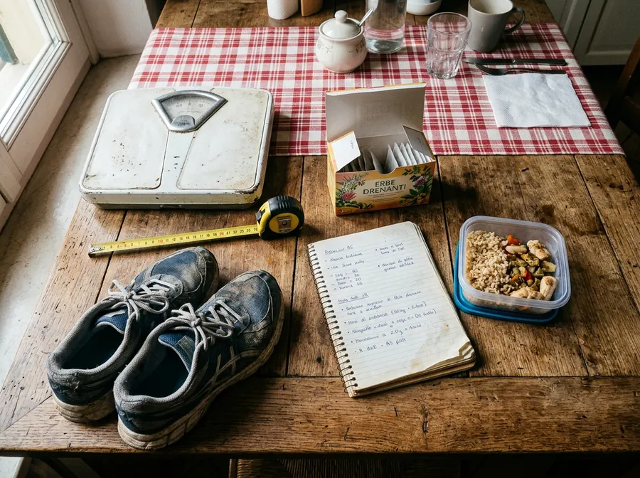 Bilancia, metro, scarpe da ginnastica, tisana drenante e quaderno della dieta